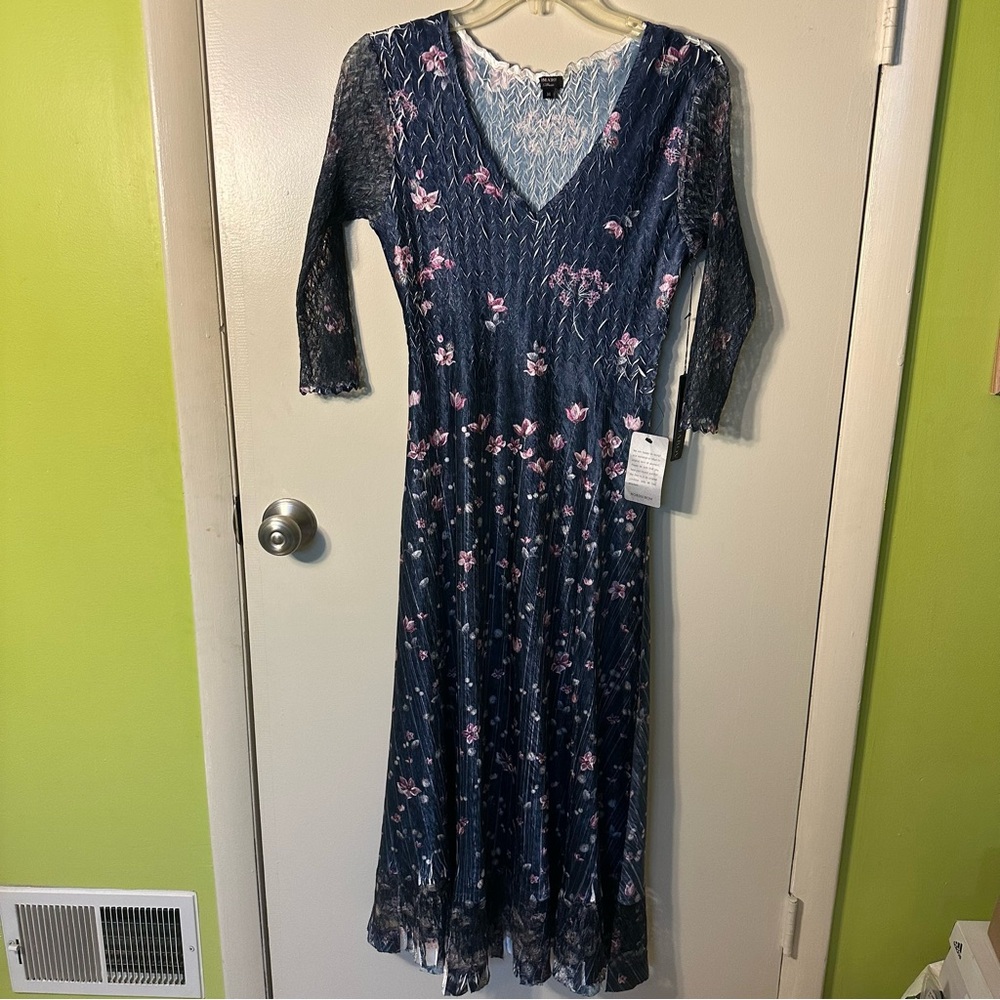 Komarov Navy and Pink Floral Long Sleeve Dress